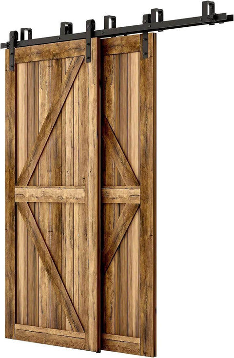 Space Saving Bypass Sliding Barn Door Hardware Kit With Double Track For Low Ceiling Heavy Duty Smooth Glide For Double Wooden Doors Easy Install Carbon Steel Hangers Aluminum Rails And POM Wheels Built To Last with two wooden doors installed.
