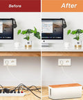 Before and after using Two Pack Wooden Style Cable Organizer Boxes With Sixteen Cable Clips in home office setup.