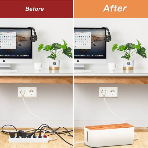 Before and after using Two Pack Wooden Style Cable Organizer Boxes With Sixteen Cable Clips in home office setup.