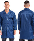 Unisex V Neck Lab Coat Jacket Top Built Tough For Work, Dustproof And Anti Static, Long Sleeves With Elastic Cuffs, Button Closure, Two Side Pockets And Chest Pen Band, Durable Navy Blue X Large Work Ready Coat For Pro Level Comfort, front and back view
