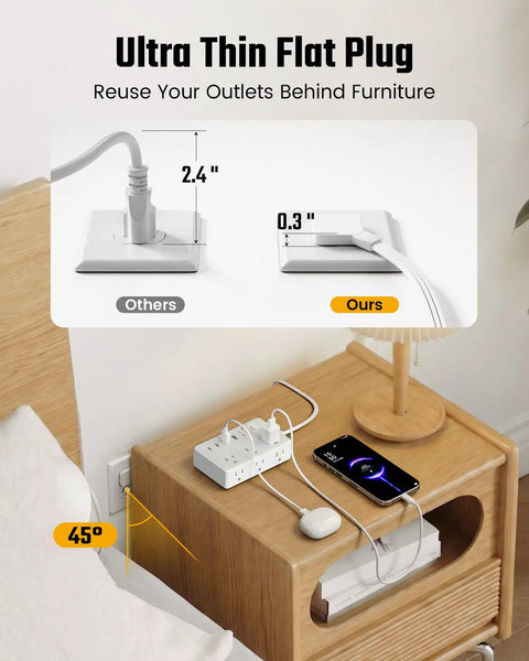 25Ft Heavy Duty Extension Cord With Flat Plug Surge Protector Featuring Six Power Outlets Dual Usb C And Dual Usb A Ports Delivering Pd20W Fast Charge on nightstand.