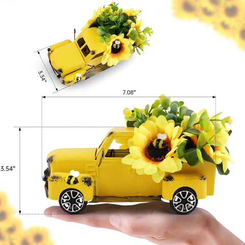 Sunny Sunflower Table Decor With Metal Truck Farmhouse Mini Pickup Realistic Yellow Flowers For Tiered Tray Kitchen And Living Room Decor Bright Summer Vibe Home Accent, hand-held view