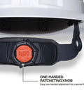 Close-up of Type 2 Vented Full Brim Hard Hat With Chin Strap And 6-Point Suspension, showing one-handed ratcheting knob for adjustment.