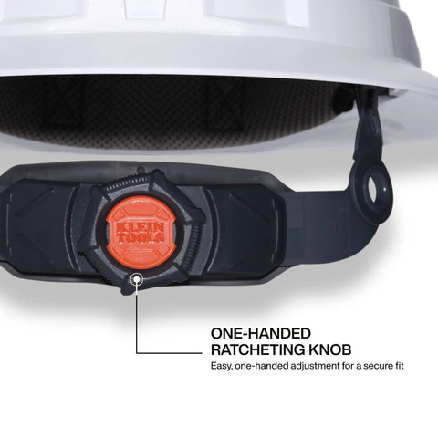 Close-up of Type 2 Vented Full Brim Hard Hat With Chin Strap And 6-Point Suspension, showing one-handed ratcheting knob for adjustment.