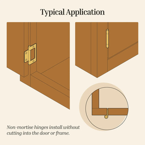 Beefy Antique Brass Non Mortise Cabinet Door Hinge Set Featuring Pro Grade Steel Build For Furniture Hardware And Smooth As Butter Swinging Action Pack Of Four Pieces, showing typical application on cabinet doors.
