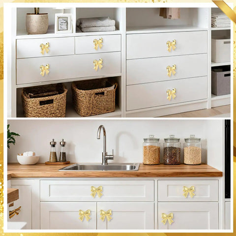 Solid Choice Bow Cabinet Handles For Dressers And Bedroom Closets Set Of Four Warm Gold Finish Drawer Pulls on white drawers.