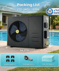 Extend Your Backyard Swim Season Way Past Late Summer With This Energy Smart Electric Pool Heat Pump shown beside pool with packing list.