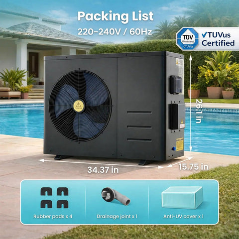 Extend Your Backyard Swim Season Way Past Late Summer With This Energy Smart Electric Pool Heat Pump shown beside pool with packing list.