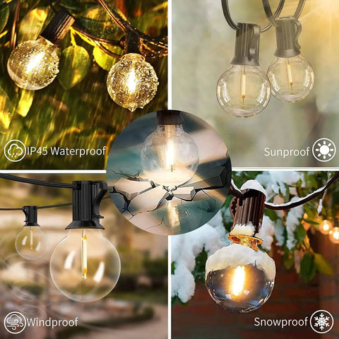 Outdoor String Lights 200 Ft Two Pack 100 Ft Each With 104 Shatterproof LED Bulbs Warm White 2700K, waterproof and weatherproof.