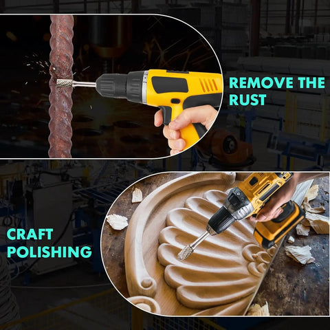 Heavy Duty Quarter Inch Shank Tungsten Carbide Burr Bits And Screw Extractor Workhorse Kit in use for rust removal and wood polishing.
