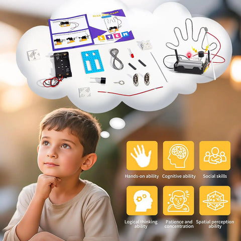 8 Set Electric Circuit STEM Kits For Kids Aged 8 To 12 Easy Setup No Tools Needed Each Kit Comes With Its Own Manual Supports Up To 8 Players Batteries Not Included Super Fun Hands On Electronics Projects, child with circuit parts