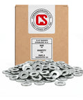 Dang Tough Number Four Stainless Flat Washers Crafted From Top Shelf Eighteen Eight Alloy For Flawless Corrosion Defense And Rock Solid Grip On Every Weekend Building Project, 100 pack on a white background.