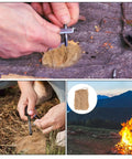 Hands using Six Pack Natural Jute Fiber Fire Starters For Camping Campfires Hiking And Grilling Lightweight Portable Easy Start Fire Starter Rope For Outdoor Gear on rocky surface.