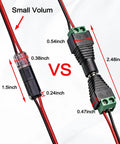 Comparison of No-Strip Quick Connect Wire Connectors 50Pcs 2Pin Set With Locking Buckle For LED Strip Lights, showing dimensions.