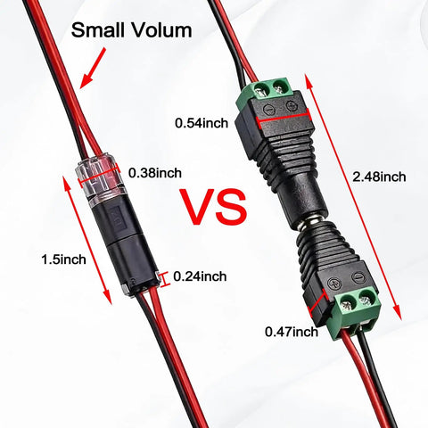 Comparison of No-Strip Quick Connect Wire Connectors 50Pcs 2Pin Set With Locking Buckle For LED Strip Lights, showing dimensions.