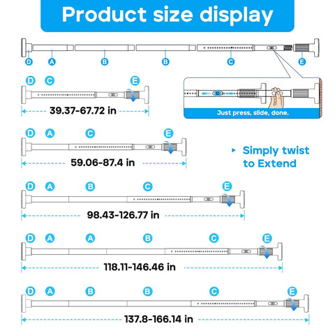 Tension Curtain Rod Black Extra Long 40 To 166 Inch Adjustable No Drilling One Click Extend Heavy Duty Stainless Steel size guide