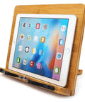 Bamboo Adjustable Book Stand With Tray And Clips, Portable Reading Desk For Cookbooks And Textbooks, shown with tablet