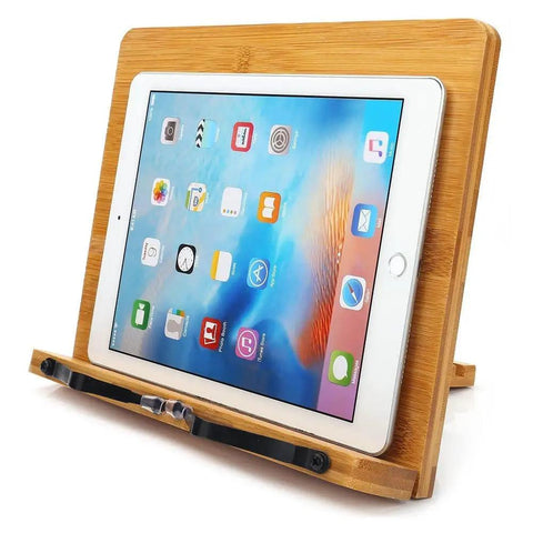 Bamboo Adjustable Book Stand With Tray And Clips, Portable Reading Desk For Cookbooks And Textbooks, shown with tablet