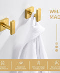 Brushed Dark Gold Towel Hooks For Bathroom Stainless Steel Wall Mount Square Robe Coat Hangers Hand Towel Holder 2 Pack seen installed with towel