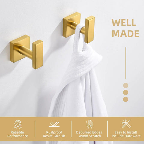 Brushed Dark Gold Towel Hooks For Bathroom Stainless Steel Wall Mount Square Robe Coat Hangers Hand Towel Holder 2 Pack seen installed with towel