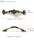 Antique Brass Traditional Cabinet Pulls Six Pack With Three Inch Hole Centers Classic Ornate Cast Handles for Drawers shown.