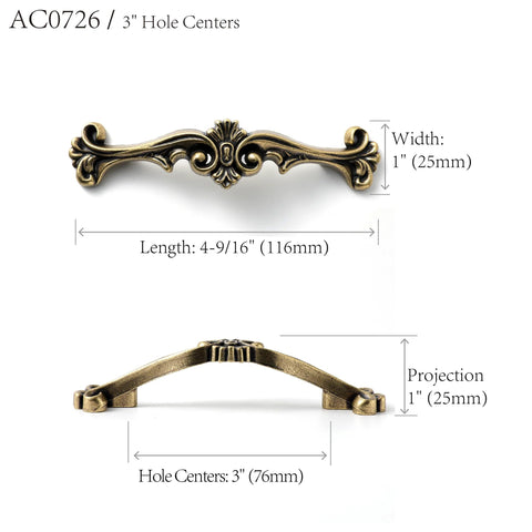 Antique Brass Traditional Cabinet Pulls Six Pack With Three Inch Hole Centers Classic Ornate Cast Handles for Drawers shown.
