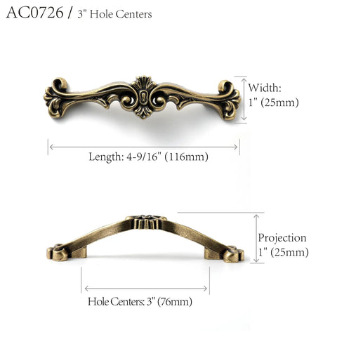 Antique Style Cabinet Hardware Set White Six Pack Old School Vintage Drawer Pulls For Dresser Nightstand 3 Inch Hole Centers Classic Ornate Handles Includes Mounting Screws dimensions diagram