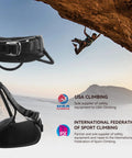 Heavy Duty Rock Climbing Harness For Men And Women Adjustable Roof And Indoor Rappelling Rig Durable Safety Harness with Strong Webbing shown near climber on cliff