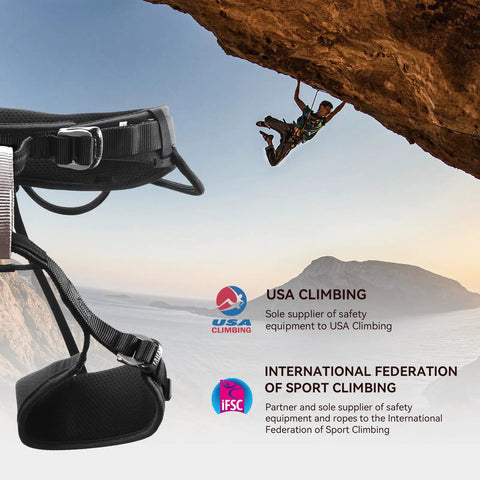 Heavy Duty Rock Climbing Harness For Men And Women Adjustable Roof And Indoor Rappelling Rig Durable Safety Harness with Strong Webbing shown near climber on cliff