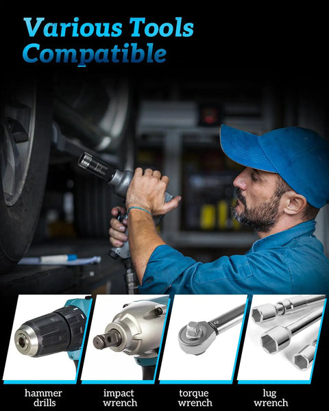 Mechanic using Deep Lug Nut Extractor Set For Locked And Stripped Bolts with hammer drill, impact wrench, and torque wrench tools