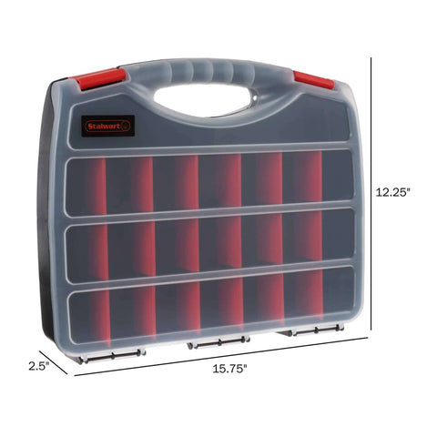 Front view of 23 Compartment Small Parts Organizer Box With Removable Dividers And Secure Latches For Nuts Bolts Screws Beads Jewelry Tackle And More Grab And Go Portable Plastic Storage Case with dimensions labeled 15.75 x 12.25 x 2.5 inches