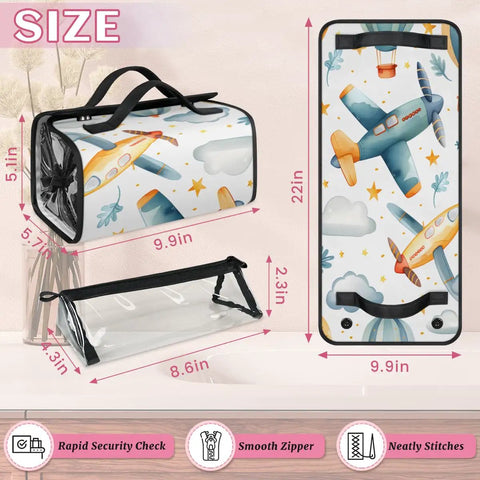 Travel Makeup Bag For Women With Hangable Roll Up Organizer And Four Removable Compartments displayed with dimensions