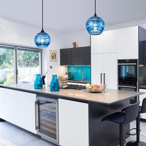 Two Pack Blue Glass Pendant Lights With Round Shade, Modern Hanging Fixture For Kitchen Island, Slick Durable Finish