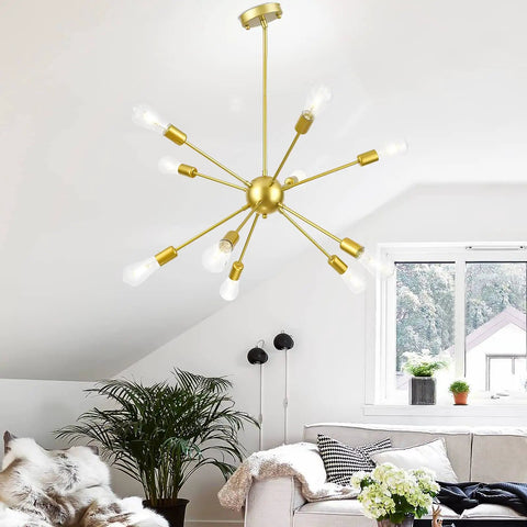 Gold Sputnik Pendant Light 10-Light Chandelier, Dope Modern Industrial Ceiling Fixture With Adjustable Height Rods in living room