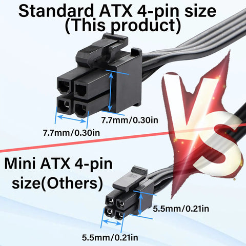 ATX 4 Pin To Dual SATA Power Adapter Cable 18 Inch Length Splitter For PC Drives Powers Two SATA Hard Drives Or SSDs From One Motherboard Connector Durable Copper Wire For Easy Install And Wide Compatibility Like A Pro., standard ATX 4-pin connector with 7.7mm and 5.5mm sizes shown