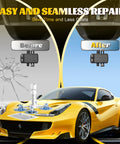 Fast Windshield Chip And Crack Repair Kit Four Pack For Cars With No Mixing Needed Quick Fix In Twenty To Thirty Minutes Save Your Bucks And Restore Near New Clarity shown with before-and-after results of windshield repair on a car.