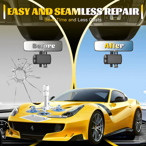 Fast Windshield Chip And Crack Repair Kit Four Pack For Cars With No Mixing Needed Quick Fix In Twenty To Thirty Minutes Save Your Bucks And Restore Near New Clarity shown with before-and-after results of windshield repair on a car.