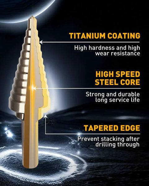 Built Different High Speed Steel Unibit Step Drill Bit Set Boasts Advanced Titanium Coating with tapered edge and HSS core