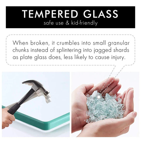 Tempered glass safety demonstration with hammer and shattered chunks for 14 Inch Tempered Glass Bathroom Shelf With Wall Mount Brushed Nickel Brackets 8mm Thick Clear Glass, Extra Long 13.78 By 4.72 By 3.54 Inch Dimensions For Shampoo Shower Gel And Towels, Super Sturdy And Easy To Clean.