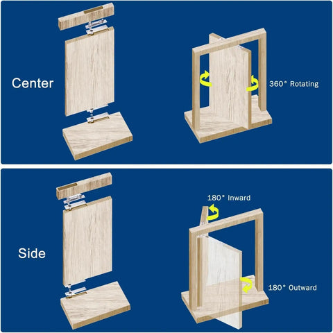 Heavy Duty Pivot Hinge Set With Magnetic Door Catch For Wood Doors And Secret Rooms Offering 360 Spin Capability And Stealthy Invisible Design Built Tough For Daily Grind, shown in center and side views.