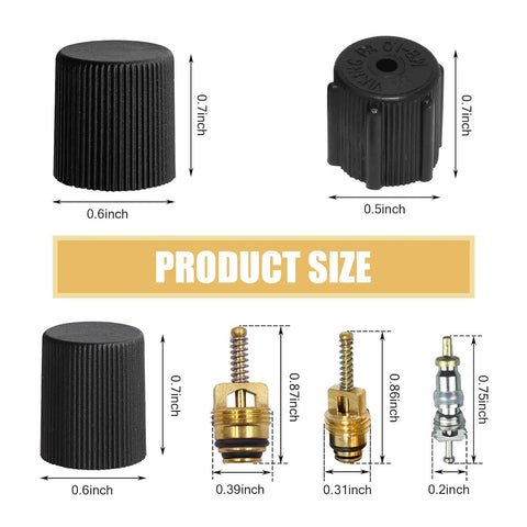 R12 Air Conditioning Valve Core Service Port Cap Kit For Car And Home AC Repair, Leak Fix Tools Set With Cores and Caps Size Chart