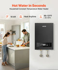 Instant Tankless Electric Water Heater 14 Kilowatt 240 Volt On Demand Hot Water Unit visible above kitchen sink with users.