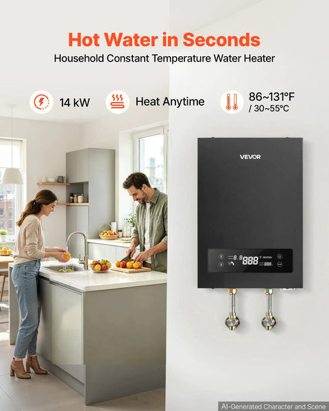 Instant Tankless Electric Water Heater 14 Kilowatt 240 Volt On Demand Hot Water Unit visible above kitchen sink with users.