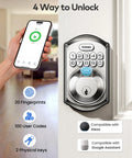 Wifi Fingerprint Smart Door Lock For Front Door Keyless Entry With App Remote Control And Alexa Google Home Compatible Fresh Satin Nickel Design, showing smartphone control and keypad.