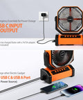 20000mAh Rechargeable Camping Fan With Built In Light And Remote showing USB-C input and dual USB ports charging devices