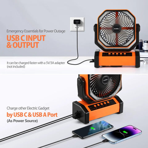 20000mAh Rechargeable Camping Fan With Built In Light And Remote showing USB-C input and dual USB ports charging devices