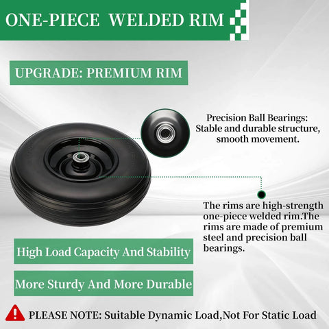 Flat Free 13 Inch Wheelbarrow Tire and Wheel Replacement with welded rim and precision ball bearings, 4.00-6 size.