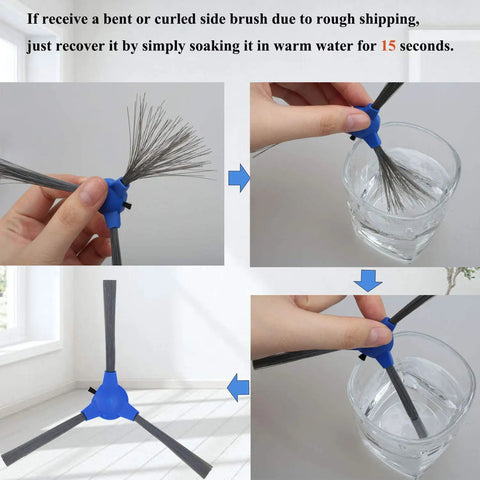 Steps to straighten a bent side brush using warm water for Replacement Parts Kit For Eufy Robotic Vacuums 11S Max, 15C Max, 30C Max.