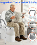 Ultra Comfy Raised Toilet Seat With Extra Wide Safety Handles Adjustable Height And Width For Seniors Fsa Hsa Eligible Heavy Duty Frame No Wobble with padded armrests and anti-skid feet.