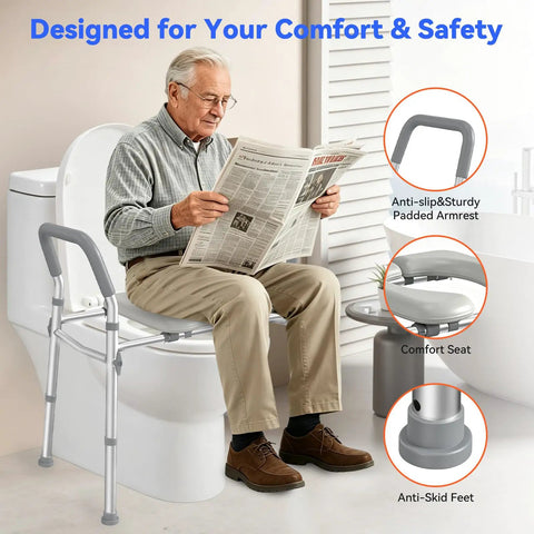Ultra Comfy Raised Toilet Seat With Extra Wide Safety Handles Adjustable Height And Width For Seniors Fsa Hsa Eligible Heavy Duty Frame No Wobble with padded armrests and anti-skid feet.